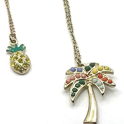 2pc  Tropical Rhinestone-Embellished Palm Tree And Pineapple Necklaces