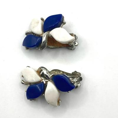 Vintage Mid-Century Style Clip-On Earring With Blue And White Leaves 