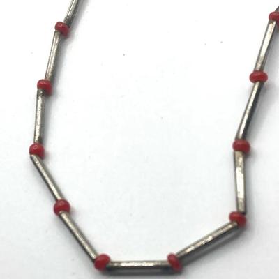 Southwest or Boho Layering or Minimalist Red Silvertone Necklace