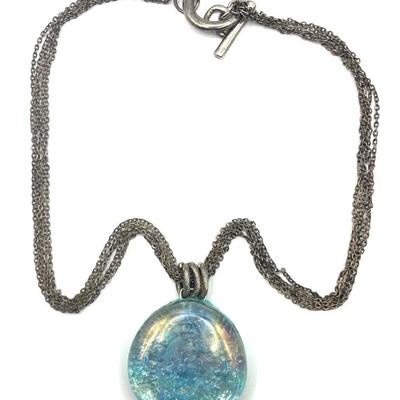 Blue Dichroic Glass Pendant Silvertone Necklace 
