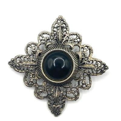 Vintage Filigree Brooch With A Black Onyx Style Stone