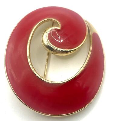 Vintage Monet Red And Gold Tone Spiral Brooch From The 1980s