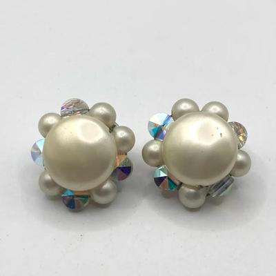 Vintage Faux Pearl And Aurora Borealis Crystal Glass Bead Clip-On Earring