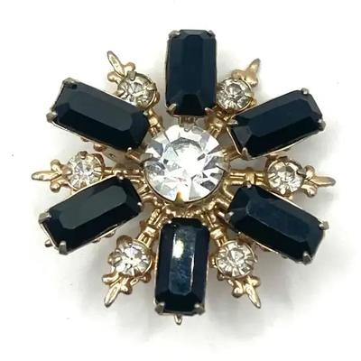 Vintage Costume Snowflake Brooch With Black And Clear Rhinestones
