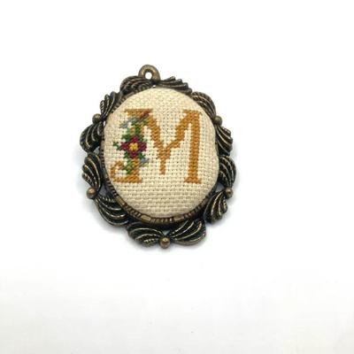 Vintage Petit Point Initial M Brooch Pendant - 80's Creative Circle Jewellery