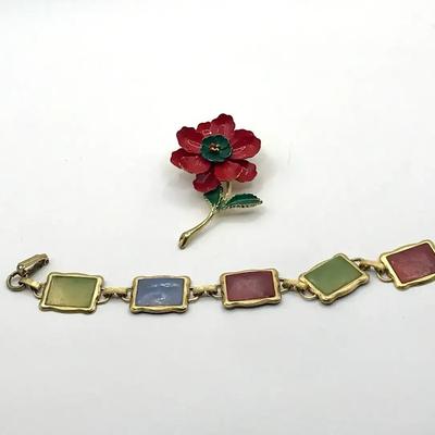 Garden Path Floral and Tile Jewelry Set Pin and Bracelet 