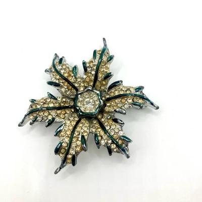 Vintage Rhinestone Flower Brooch With Green Enamel Accents