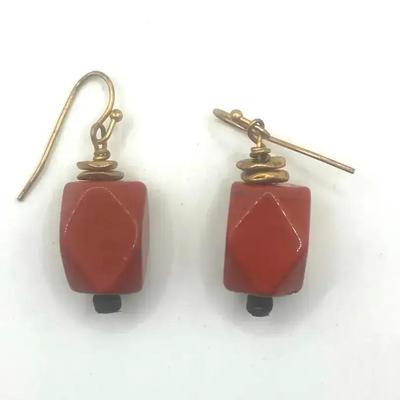 Red Jasper And Gold-Toned Dangle Earring