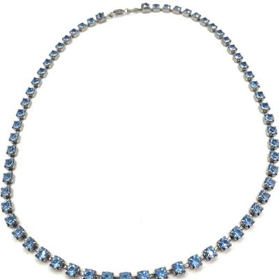 Vintage Silvertone Necklace With Blue Rhinestone Crystals