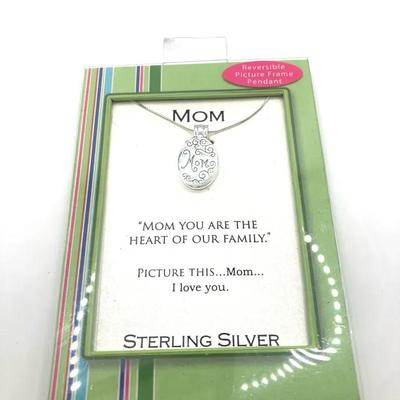 Sterling Silver Reversible Picture Frame Pendant necklace with "MOM" engraved on it