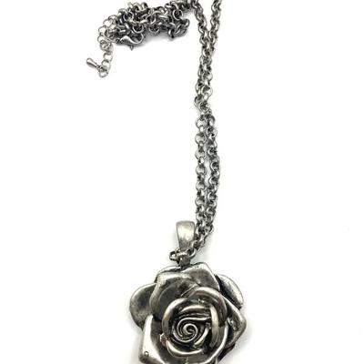 Silver Tone Floral Rose Pendant Necklace