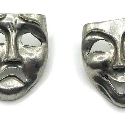 Comedy Tragedy Mask Earrings Silver Tone