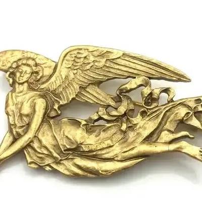 Matte Angel Brooch Pin Flying In Flight Rhinestone Winged Ribbon Wings