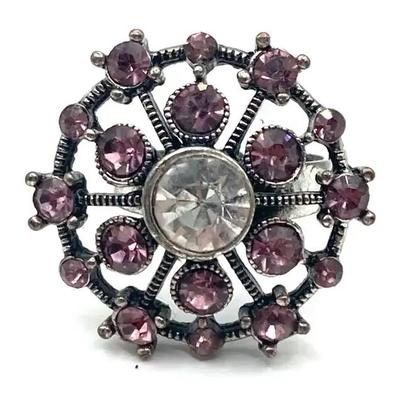 Purple Rhinestone Flower Adjustable Band Silver Steel Ring - Size 7