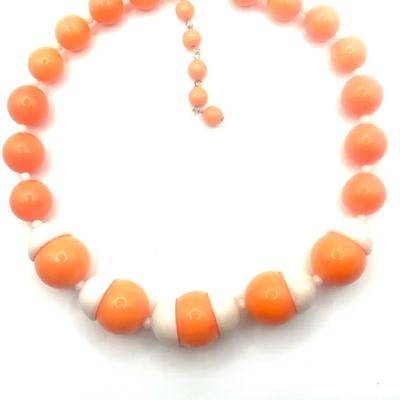 Vintage Peachy Pink And White Plastic Beaded Necklace With A Barrel Clasp