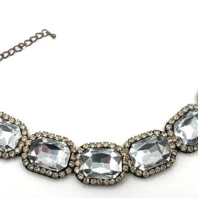Crystal Bib Statement Necklace With Large Faceted Clear  Rhinestones 
