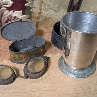 Civil War Era Artillery Or Railroad Cinder Goggles And Railroad Collapsible Cup Antique 
