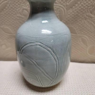 Southwest Blue Crackle Glaze Handmade Incised Vase Signed 