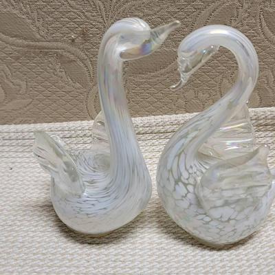 Opalescent Art Glass Swan Pair Handmade 