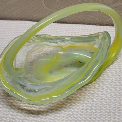Blown Stretch Art Glass Cornucopia Basket Yellow Swirl