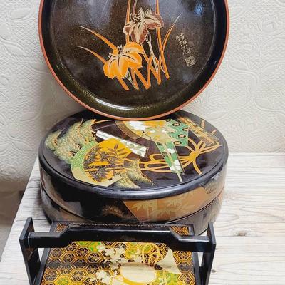 Japanese Lacquerware Dishes Tray Box With Lid And Box With 2 Layers