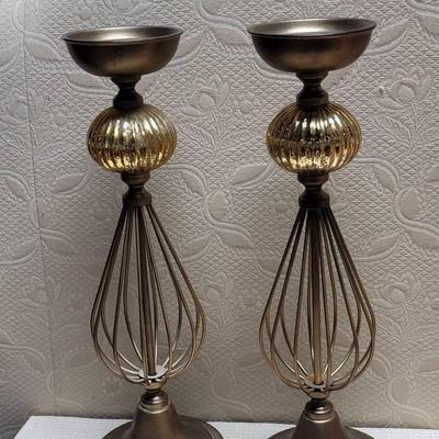 Gold Tone Candlesticks With Mercury Style Glass Details Pair 