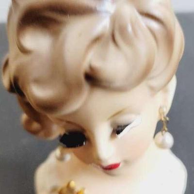 Head Vase Napco Ware Blonde Lady with Pearl Earrings and Brooch Vintage TLC Condition