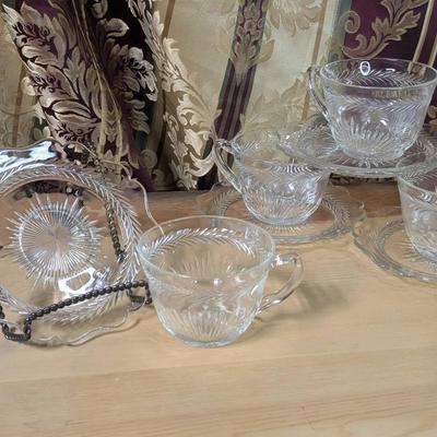 Jeannette Glass SUNBURST Crystal Cup and Saucer (4 Sets)