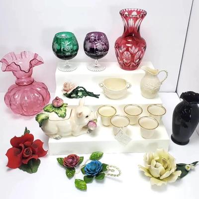 Fitz & Floyd Pig Mini Tureen, Lenox, Belleek, Capodimonte & Tole Flowers, Glass Decor