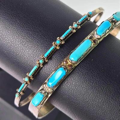 Signed B & N Nastacio Sterling Silver Cuff Bracelets With Turquoise Stones  