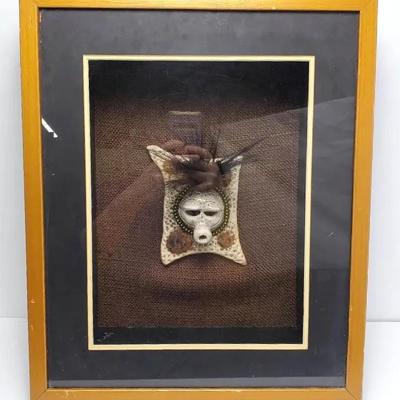 African Inspired Ceramic Mask Sculpture In Shadowbox Frame - Signed 