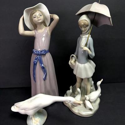 Lladro Figurines: Coy Girl 5011; Girl With Umbrella & Geese 4510 & Honking Goose 145