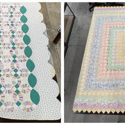 Vintage Trip Around The World Hand Stitched Quilt & Double Wedding Ring Quilt