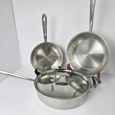 All Clad Stainless Steel 4 Qt Saute Pan With Lid & 8 & 10” Skillets