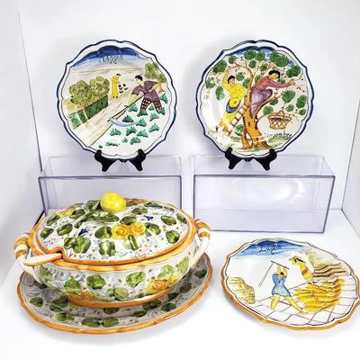 Italian Hand Painted Ceramic Tureen With Platter & Month Plates