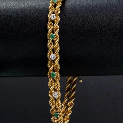 14K Gold Emerald & Diamond Accented 4.9mm Double Rope Chain Bracelet - 7.5"