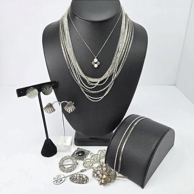 Sterling Silver Necklaces, Pins & Earrings Plus One 800 Silver Brooch