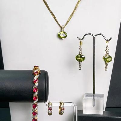 Sterling Silver with 18K Gold Overlay Lab Ruby Bracelet & Earrings; Green Glass Necklace & Earrings