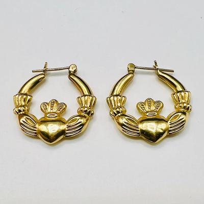 14KT Gold Irish Claddagh Jewelry Hoop Earrings