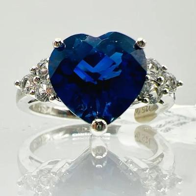 Blue Sapphire Heart Sterling Silver Ring with White Sapphires NWT — Size 7