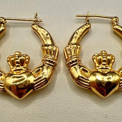 14K Gold Claddagh Puffy Lightweight Hoop Earrings