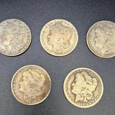 Five Morgan Silver Dollars – Mixed Dates (1880, 1887, 1890, 1899, 1902)