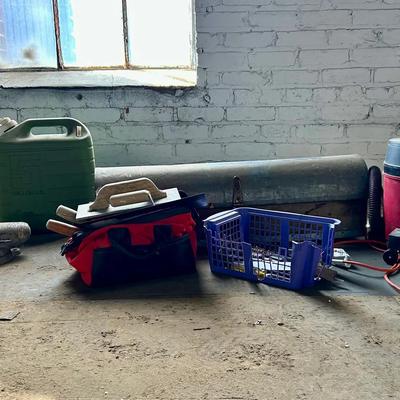 Oversize Antique Handmade Carpenter's Toolbox with Small Shop Vac, Bench Vise, Concrete Tools & More