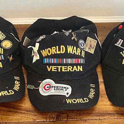 3 - Vintage World War II Veteran Hats Loaded With Collectibles Pins #2