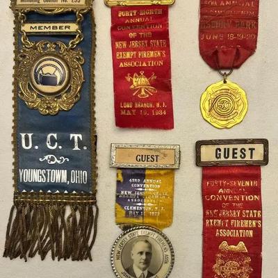 5 - Antique Historical Pins & Ribbons Firemen’s Convention 