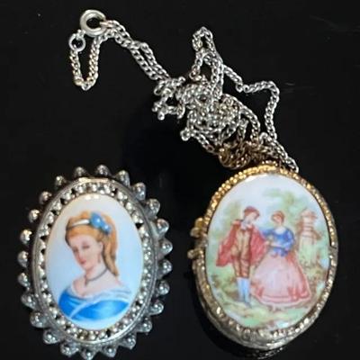 Antique Style Porcelain Brooch and Perfume Locket