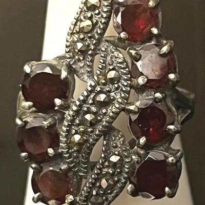 Sterling Silver .925 Marcasite Red Stone Ring
