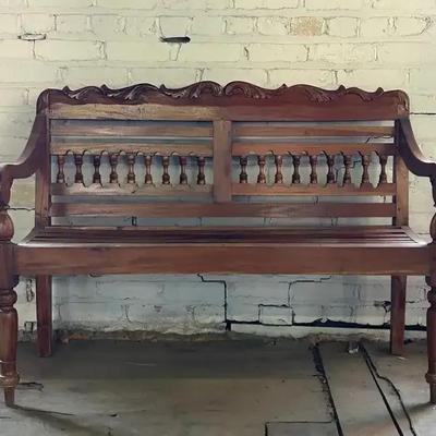 Anglo-Indian Style Carved Indonesian Teak Bench
