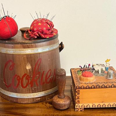 Vintage Sewing Collectibles, Wooden Cookie Jar, Thimbles, Buttons