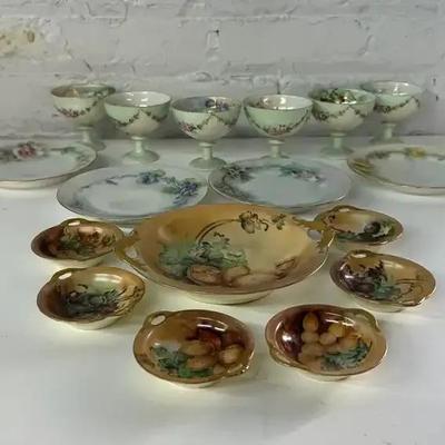Antique Hand Painted Sherbet Cups, Plates and Nut Set